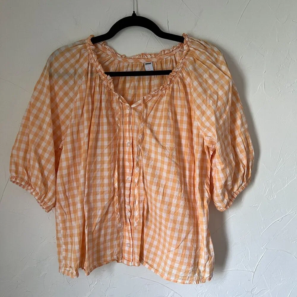 ONLY Old Navy Orange Gingham Peasant Blouse Puff Sleeve Cottagecore‎ Size L Tall